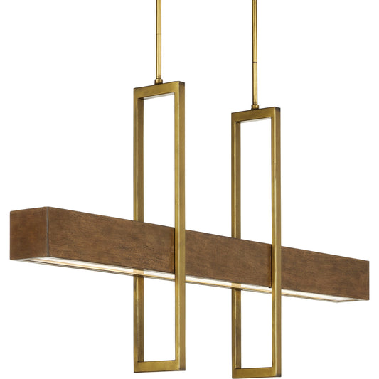 Tonbridge Linear Chandelier by Currey and Company in chestnut, brass. Made from wood, wrought iron, acrylic in a modern style.