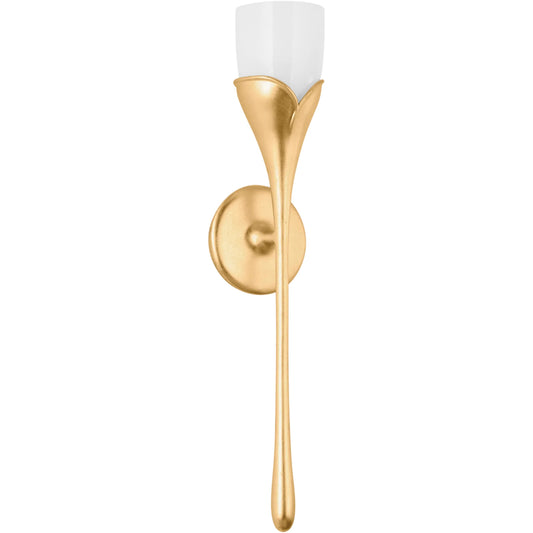 Bellerose Wall Sconce by Hudson Valley in vintage gold leaf. Made from iron in a unique style.