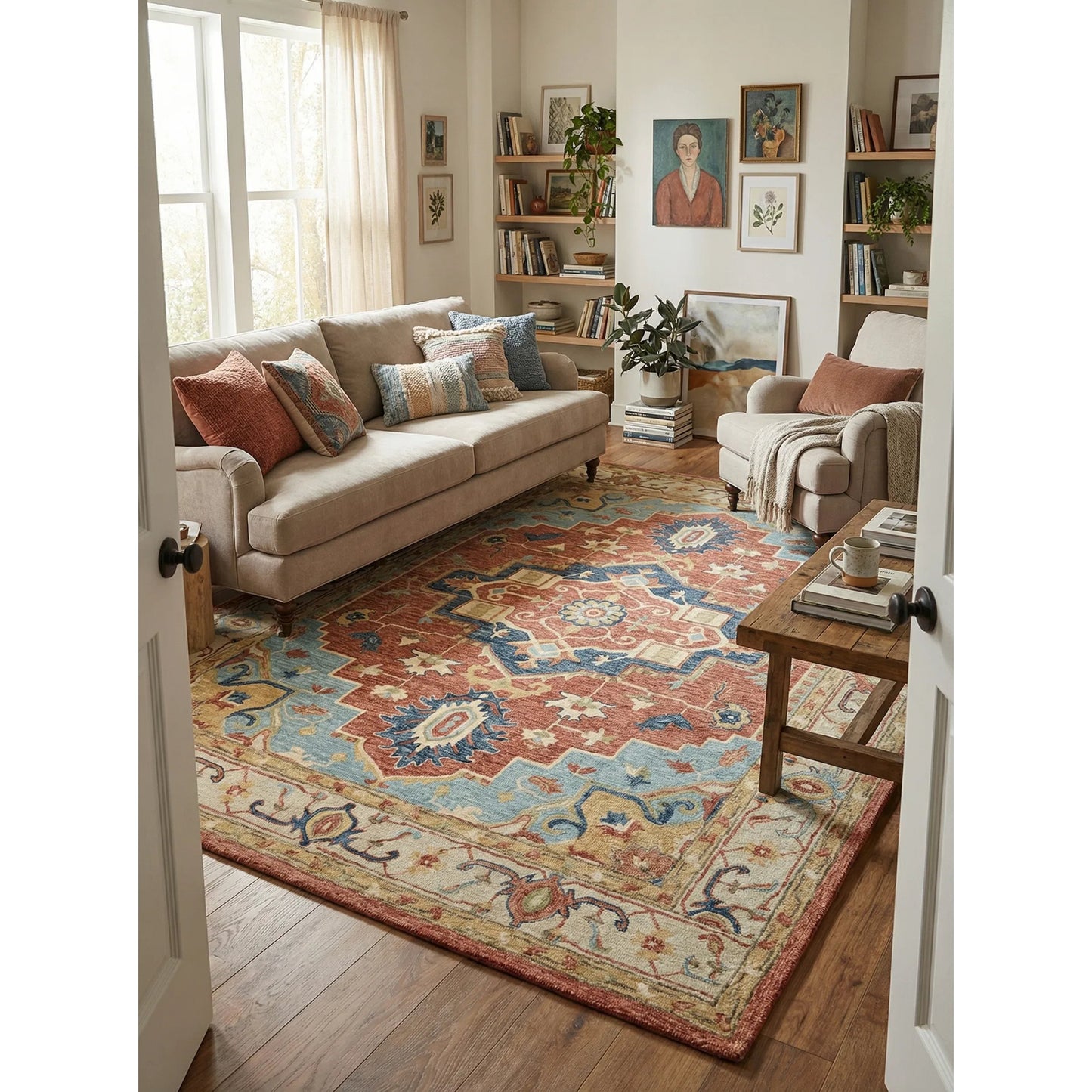 008 SI-2222558,SI-2222560,SI-2293930 | Lifestyle | Richmond Serapi Area Rug by Exquisite Rugs in beige, red. Made from new zealand wool in a unique style.