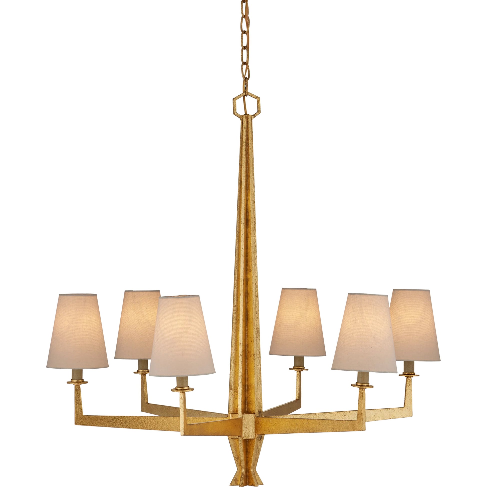 Goldfinch Chandelier by Currey and Company in washed lucerne gold. Made from wrought iron in a modern style.