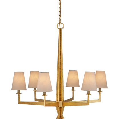 Goldfinch Chandelier by Currey and Company in washed lucerne gold. Made from wrought iron in a modern style.