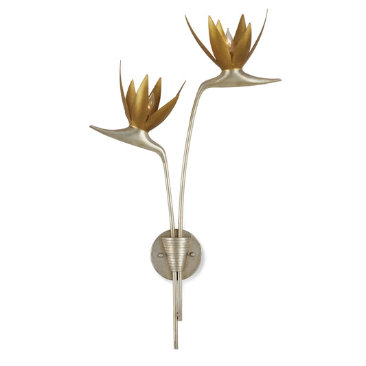 Paradiso Wall Sconce by Currey and Company in contemporary silver leaf, contemporary gold leaf. Made from wrought iron in a modern style.