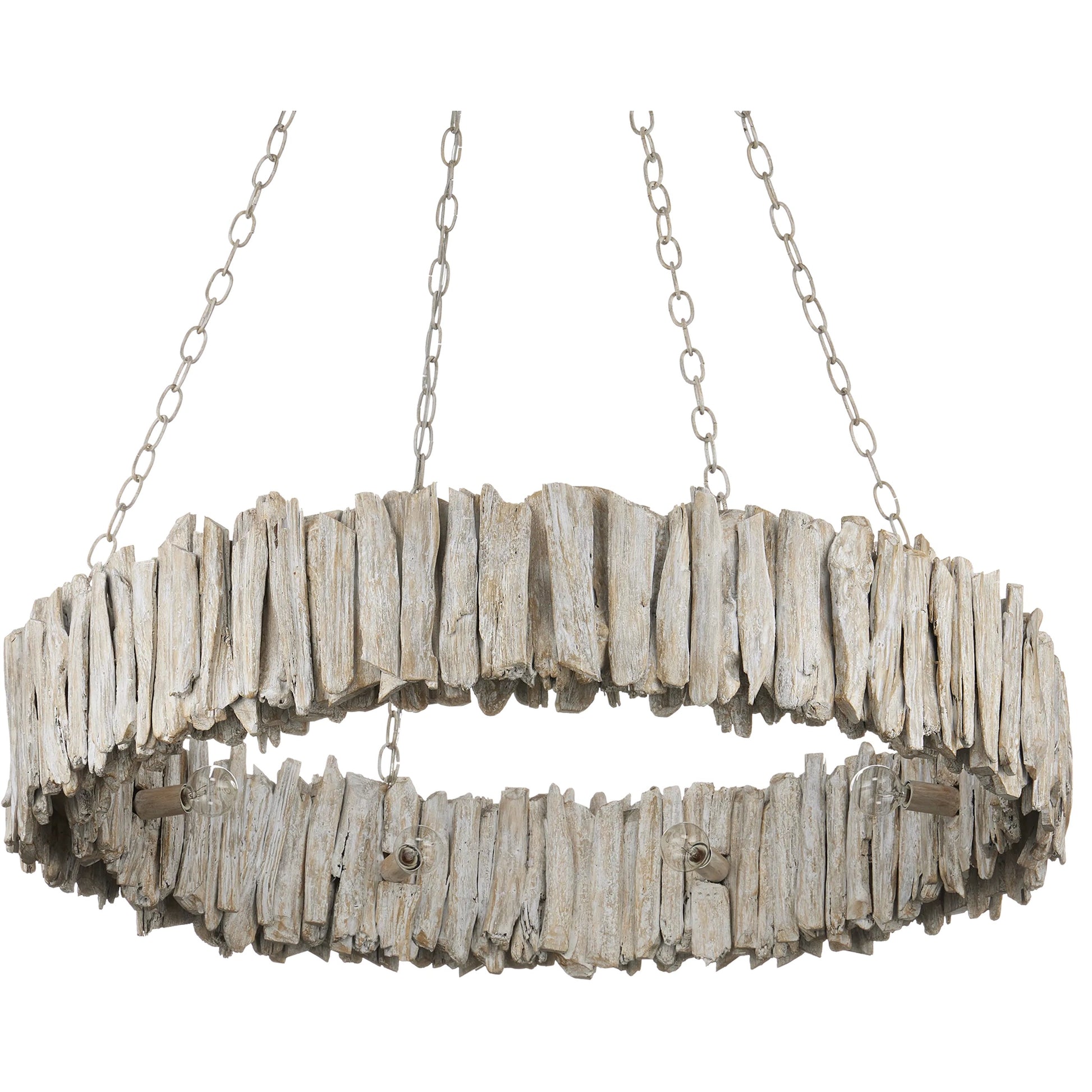 Driftwood Ring Chandelier by Currey and Company in whitewash. Made from driftwood, wrought iron in a cottage & farmhouse style.