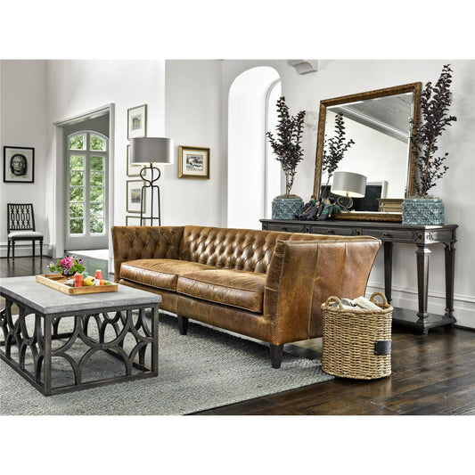 Duncan Sofa by Universal Furniture in sheridan chestnut and sheridan chestnut leather. Made from full top grain leather in a transitional style.
