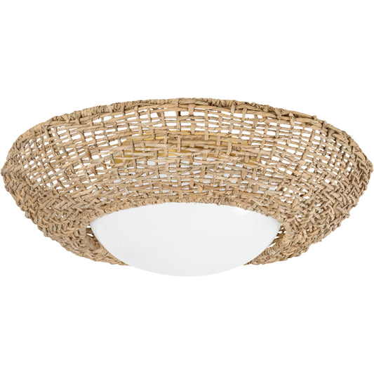 Killington Flush Mount by Hudson Valley in vintage gold leaf. Made from natural woven in a unique style.