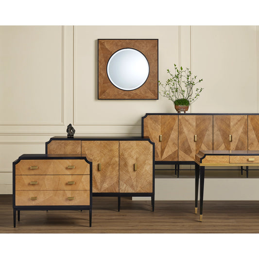 Kallista Credenza by Currey and Company in taupe, caviar black, polished brass, black. Made from sycamore veneer, mahogany, engineered hardwood, brass, iron in a modern style.