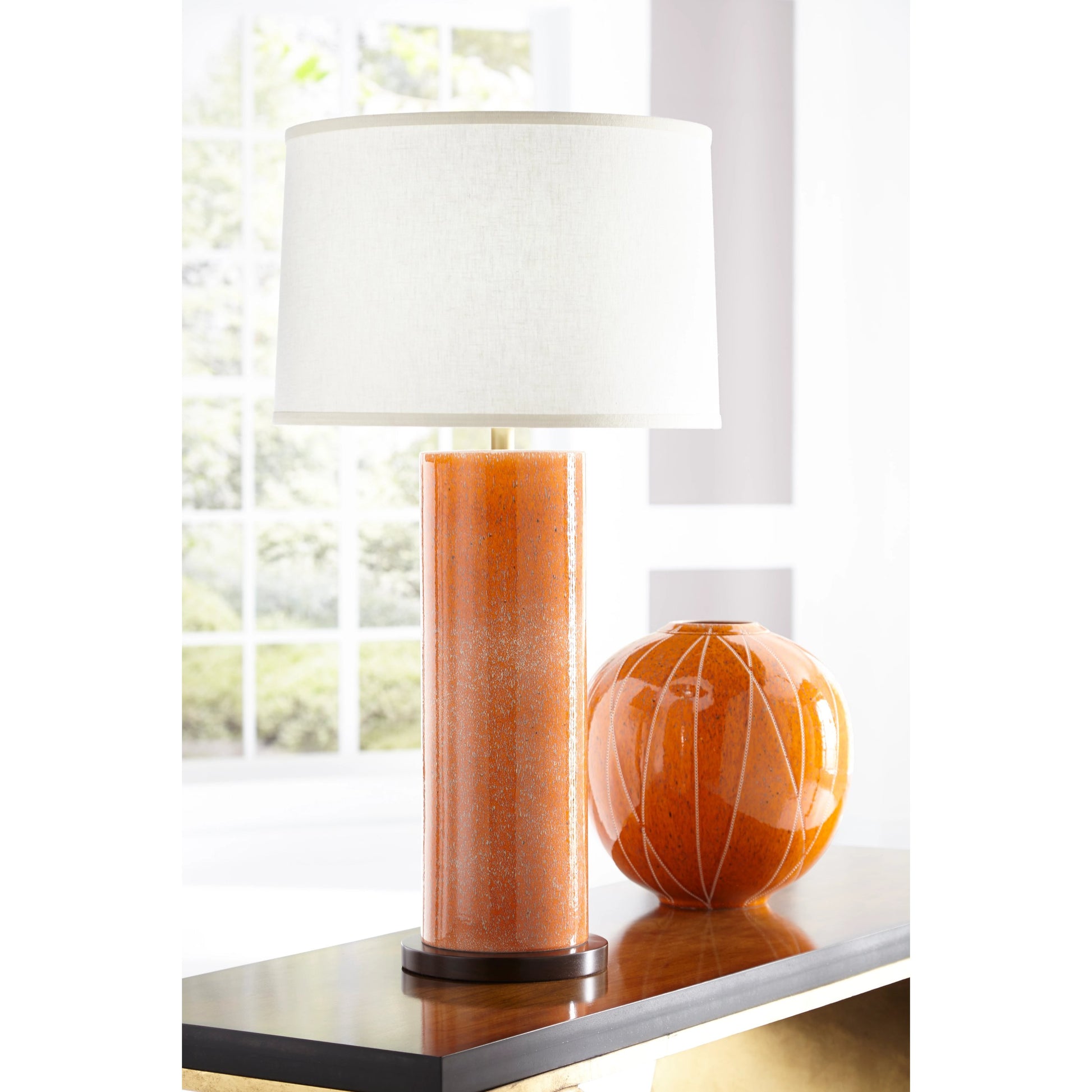Anderson Lamp by Chelsea House in orange glaze, dark brown cherry. Made from ceramic, porcelain in a modern style.