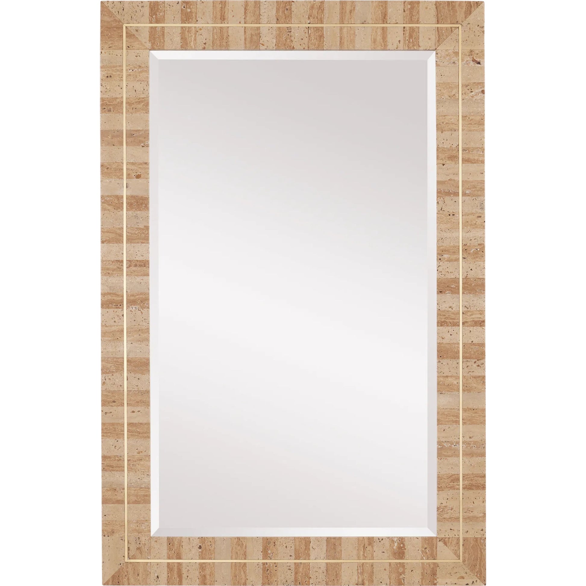 Dezi Mirror by Currey and Company in natural, brass. Made from travertine, brass, engineered wood, glass in a transitional style.
