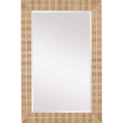 Dezi Mirror by Currey and Company in natural, brass. Made from travertine, brass, engineered wood, glass in a transitional style.
