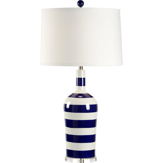 Beach Stripe Lamp by Chelsea House in blue, white glaze, clear. Made from ceramic, porcelain in a coastal style.