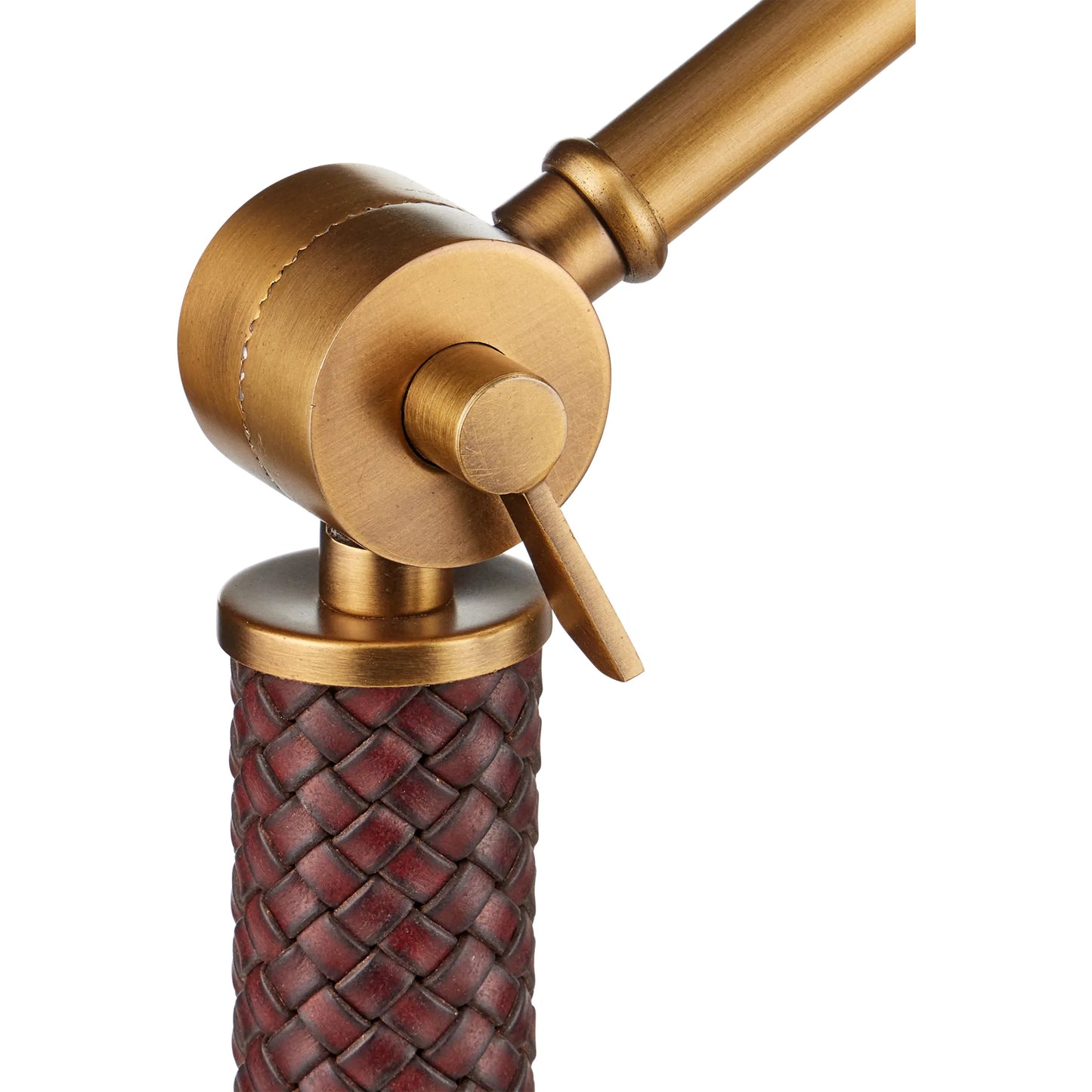 002 SI-2257395 | Closeup | Libretto Floor Lamp by Currey and Company in antique brass, brownish red. Made from metal, faux leather in a modern style.