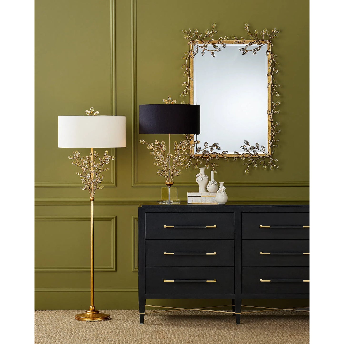 006 SI-2387028 | Lifestyle | Forget-Me-Not Floor Lamp by Currey and Company. Made from crystal, metal in a modern style.