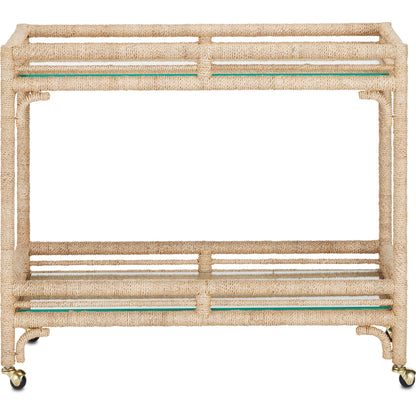 Olisa Bar Cart by Currey and Company in natural, clear. Made from abaca rope, wrought iron, glass in a coastal style.