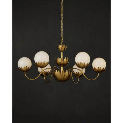Mirasole Chandelier by Currey and Company in contemporary gold leaf, gold, white. Made from wrought iron, glass in a traditional style.