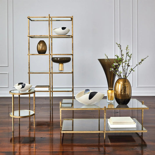 Laforge Etagere by Global Views in antique gold. Made from iron, tempered glass in a transitional style.