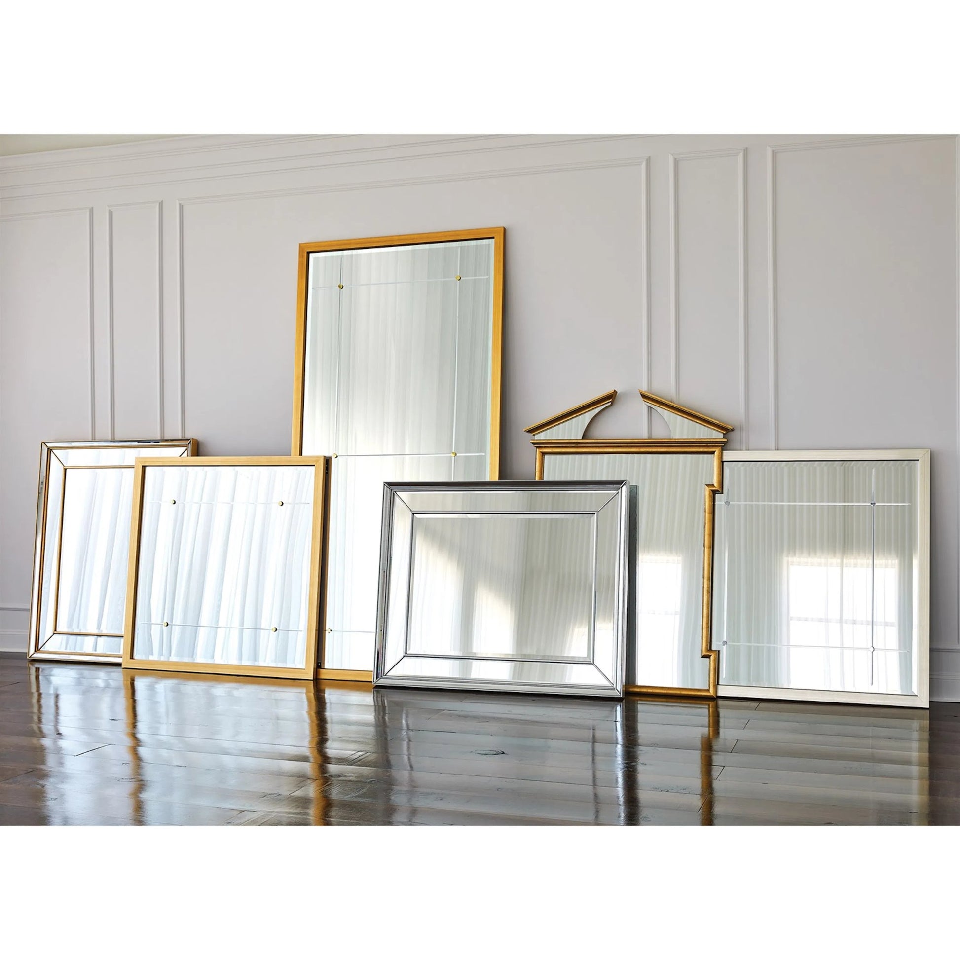 Beaumont Square Mirror by Global Views in silver leaf, nickel, brass. Made from mdf, mirror in a transitional style.