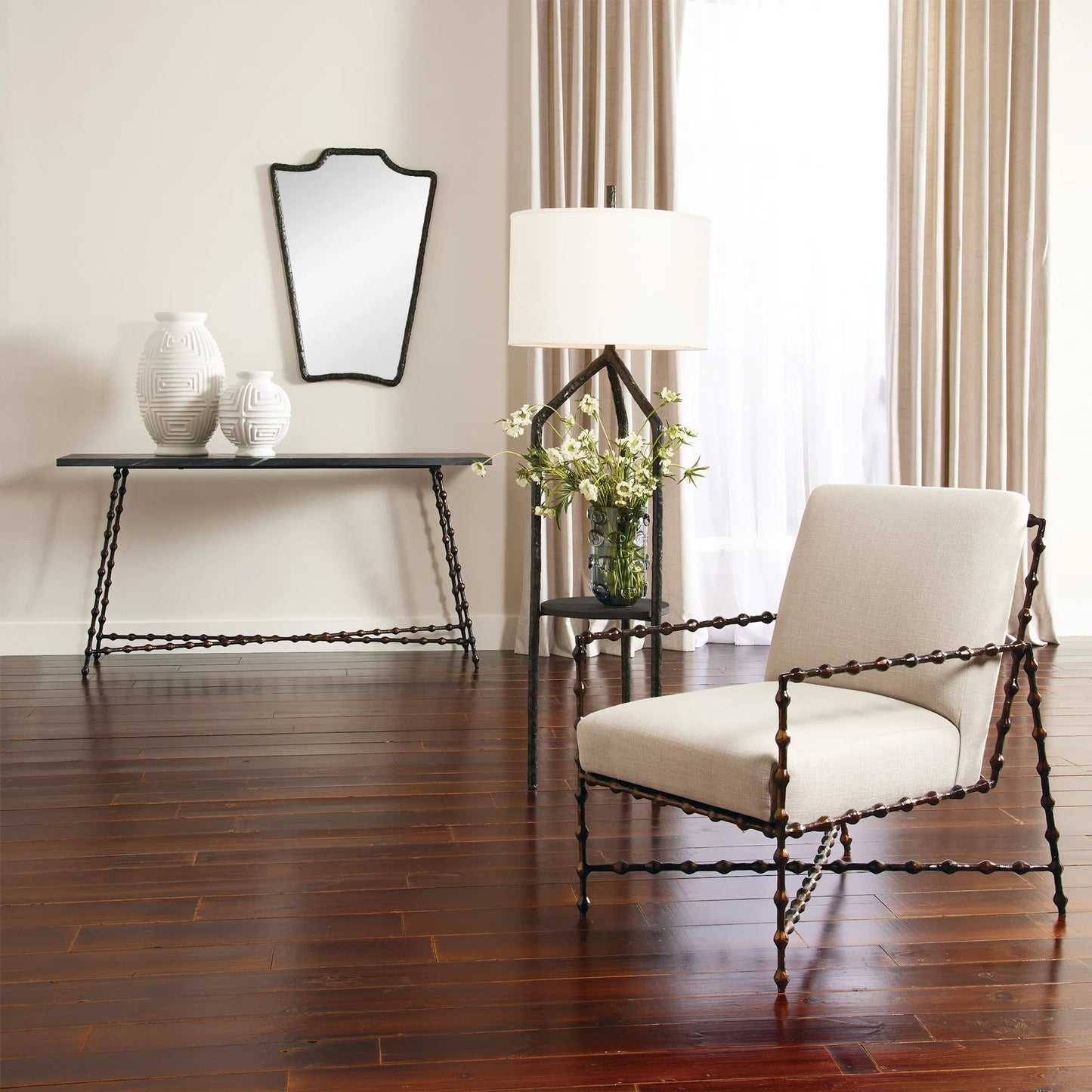 002 SI-2445816 | Lifestyle | Trio Table/Floor Lamp by Global Views in bronze verdi with granite. Made from cast iron, 18mm black flamed granite in a rustic style.