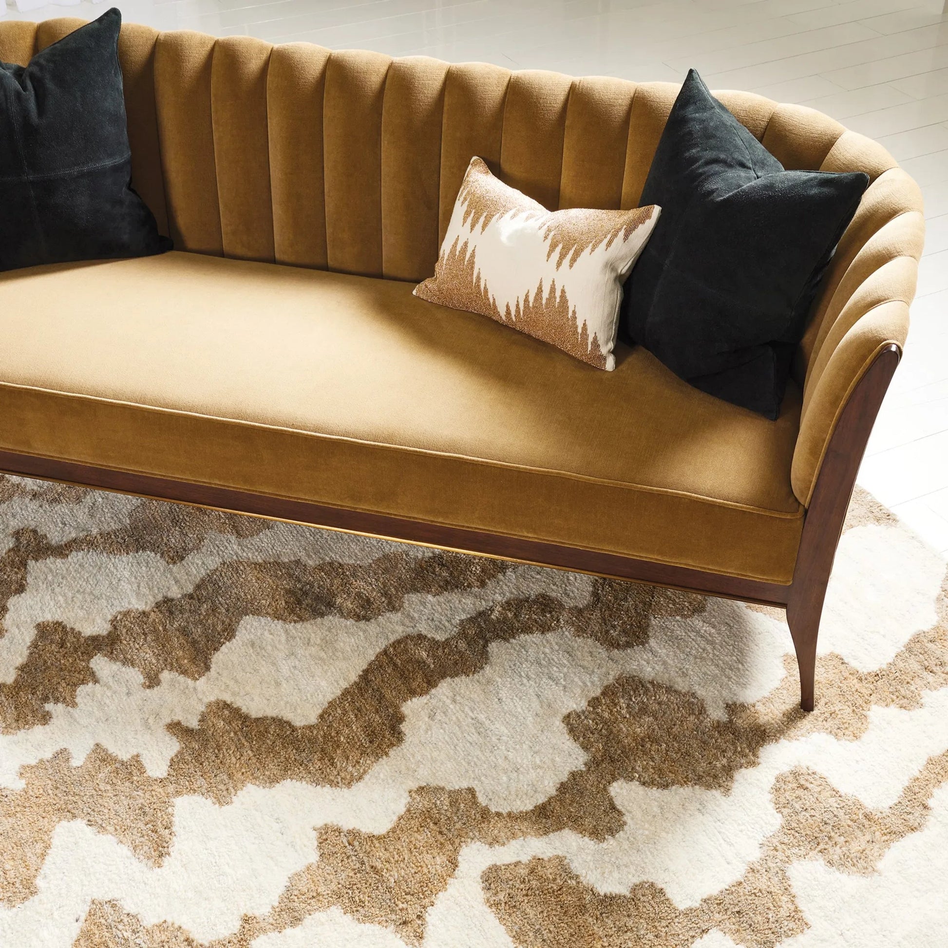 Channel Back Sofa by Global Views. Made from solid walnut, fabric, wood, 100% cotton, double rub: 50,000 in a modern style.