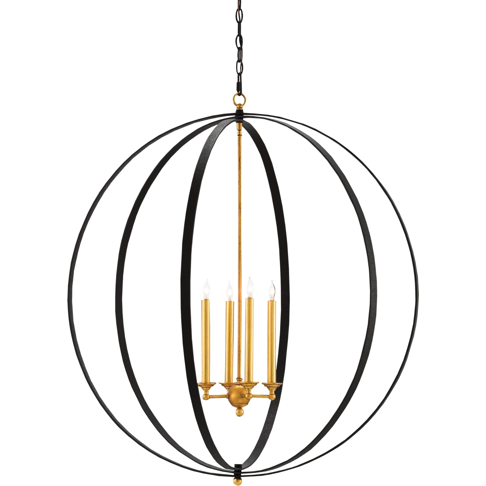 Ogden Orb Chandelier by Currey and Company in chinois antique gold leaf, black. Made from metal in a modern style.