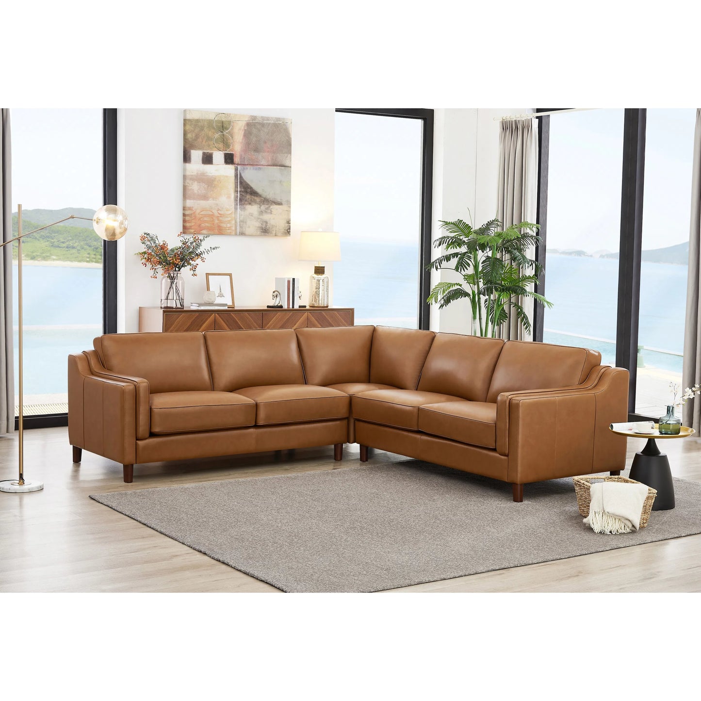 005 SI-2379357 | Lifestyle | Bella 3-Piece Sectional by Hydeline in cognac brown. Made from leather/split, solid hardwood kiln dried in a traditional style.