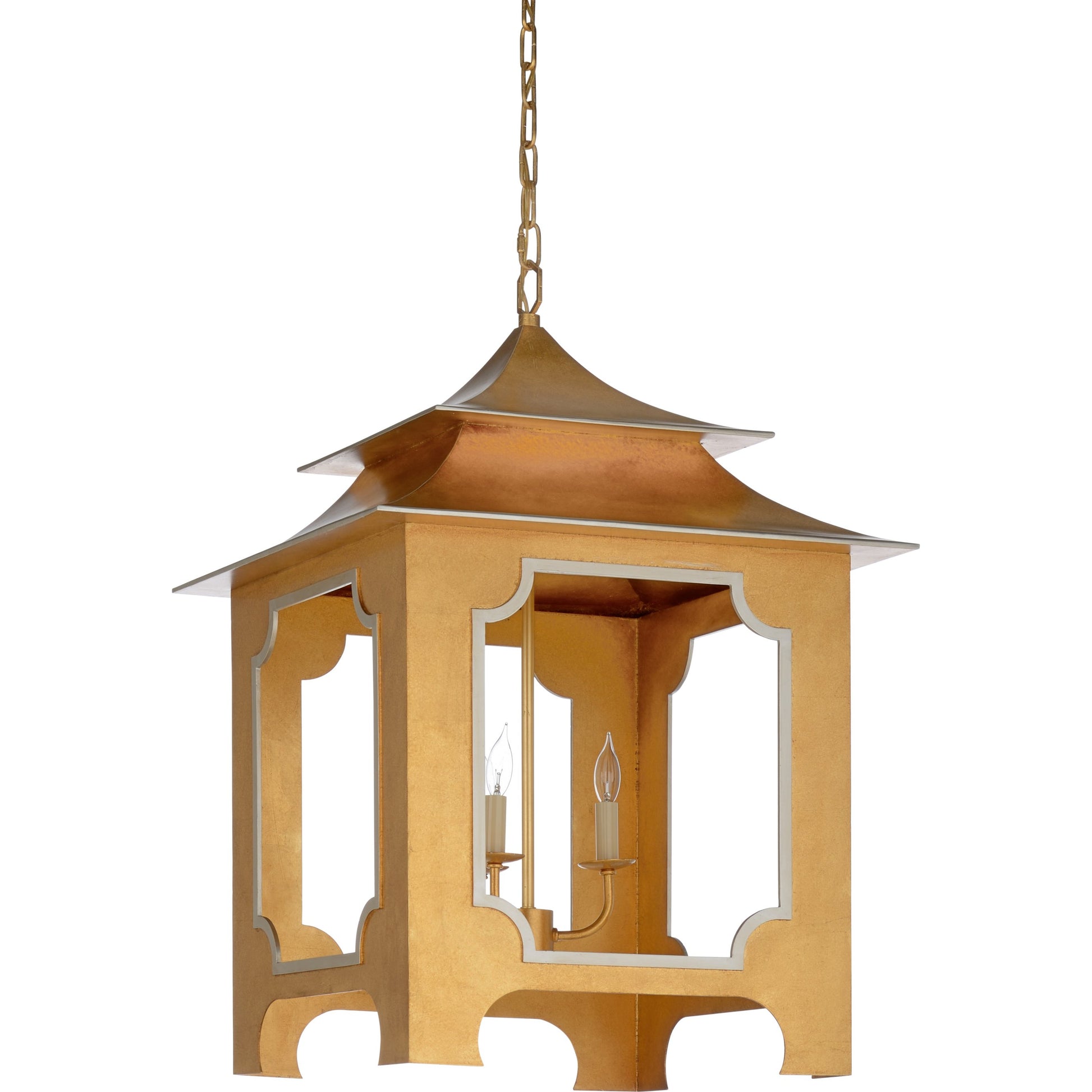 Tole Pagoda Gold Lantern by Chelsea House in antique gold leaf, silver. Made from toleware in a eclectic & global style.