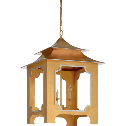 Tole Pagoda Gold Lantern by Chelsea House in antique gold leaf, silver. Made from toleware in a eclectic & global style.