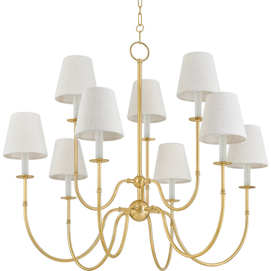 Amina Chandelier by Hudson Valley in aged brass. Made from steel in a unique style.