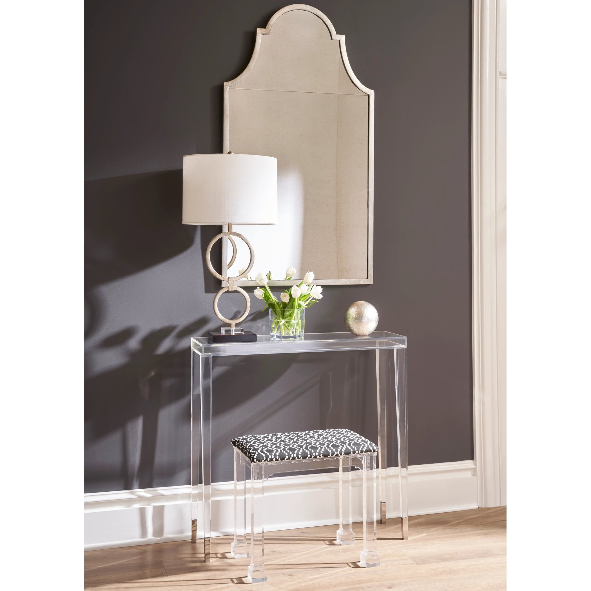 Silver Loop Lamp by Chelsea House in antique silver leaf, clear. Made from iron, acrylic in a modern style.