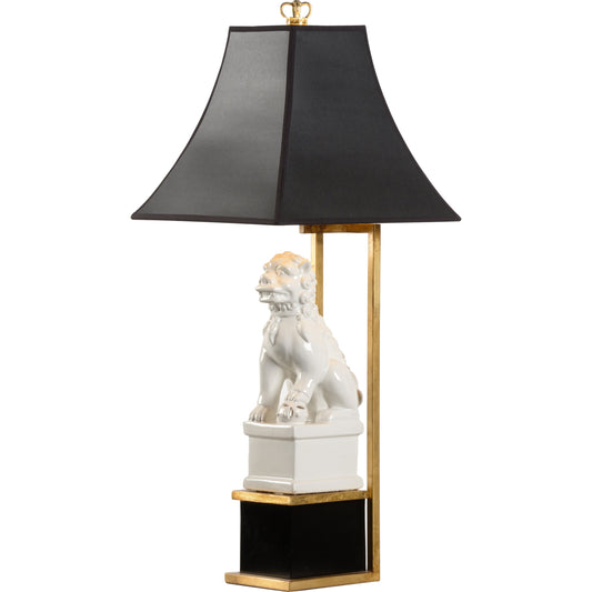 Chinese Dog Lamp by Chelsea House in cream glaze, black, antique gold leaf. Made from ceramic in a eclectic & global style.