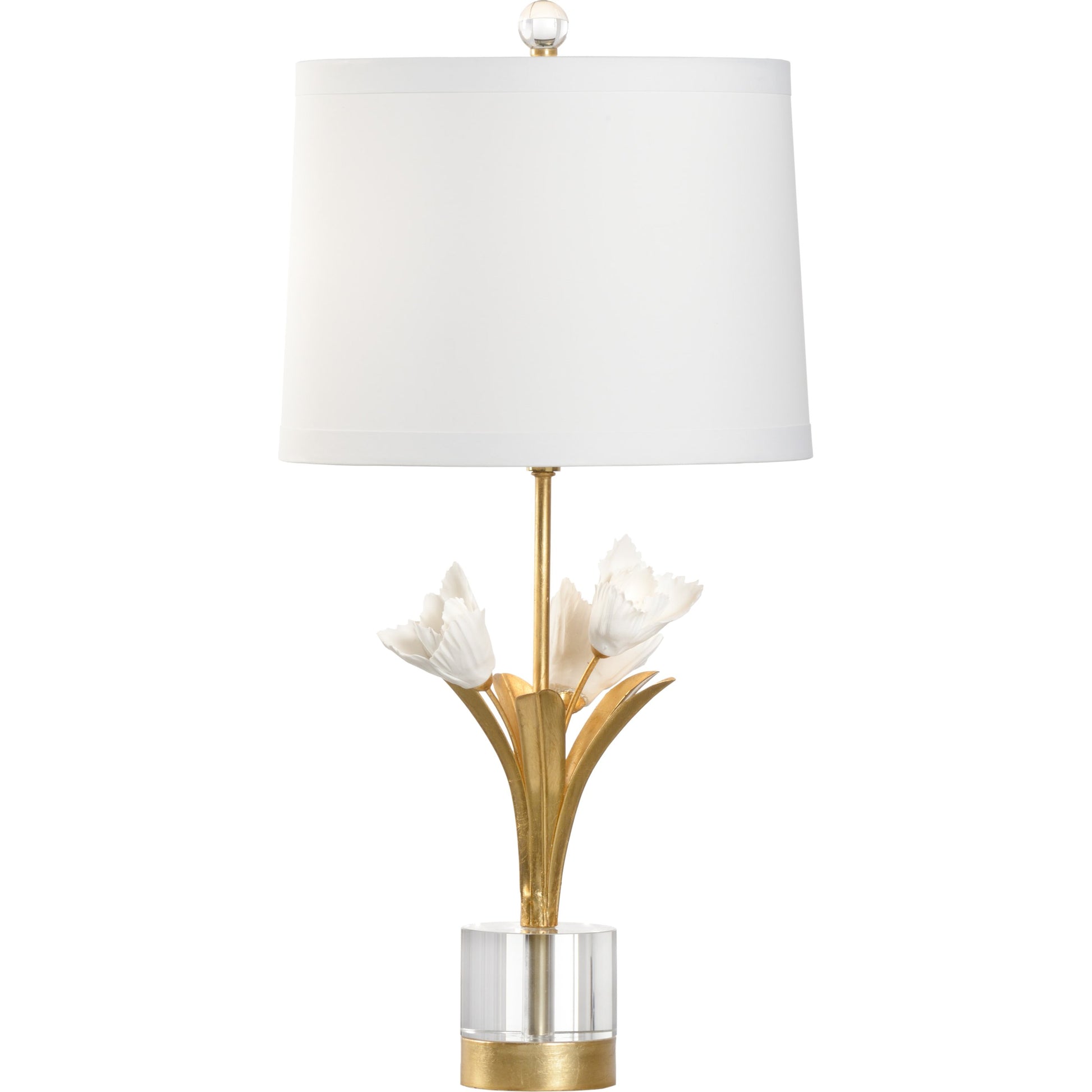 Tulip Lamp by Chelsea House in antique gold leaf, matte white glaze, clear. Made from iron, porcelain in a transitional style.