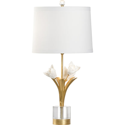 Tulip Lamp by Chelsea House in antique gold leaf, matte white glaze, clear. Made from iron, porcelain in a transitional style.