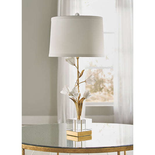 Tulip Lamp by Chelsea House in antique gold leaf, matte white glaze, clear. Made from iron, porcelain in a transitional style.