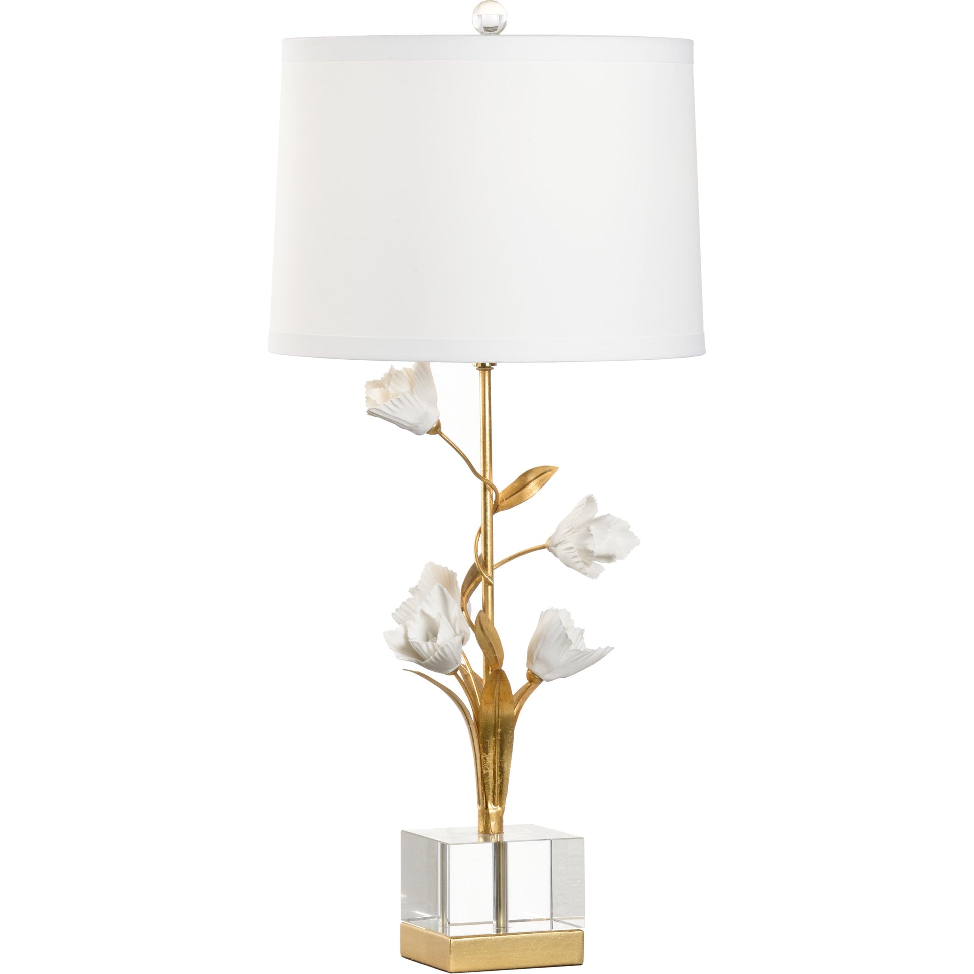 Tulip Lamp by Chelsea House in antique gold leaf, matte white glaze, clear. Made from iron, porcelain in a transitional style.