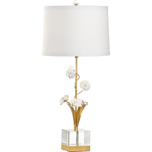 Orchid Lamp by Chelsea House in antique gold leaf, matte white glaze, clear. Made from iron, porcelain in a transitional style.