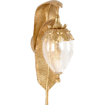 Gold Leaf Sconce by Chelsea House in antique gold leaf, etched clear. Made from aluminum, glass in a coastal style.