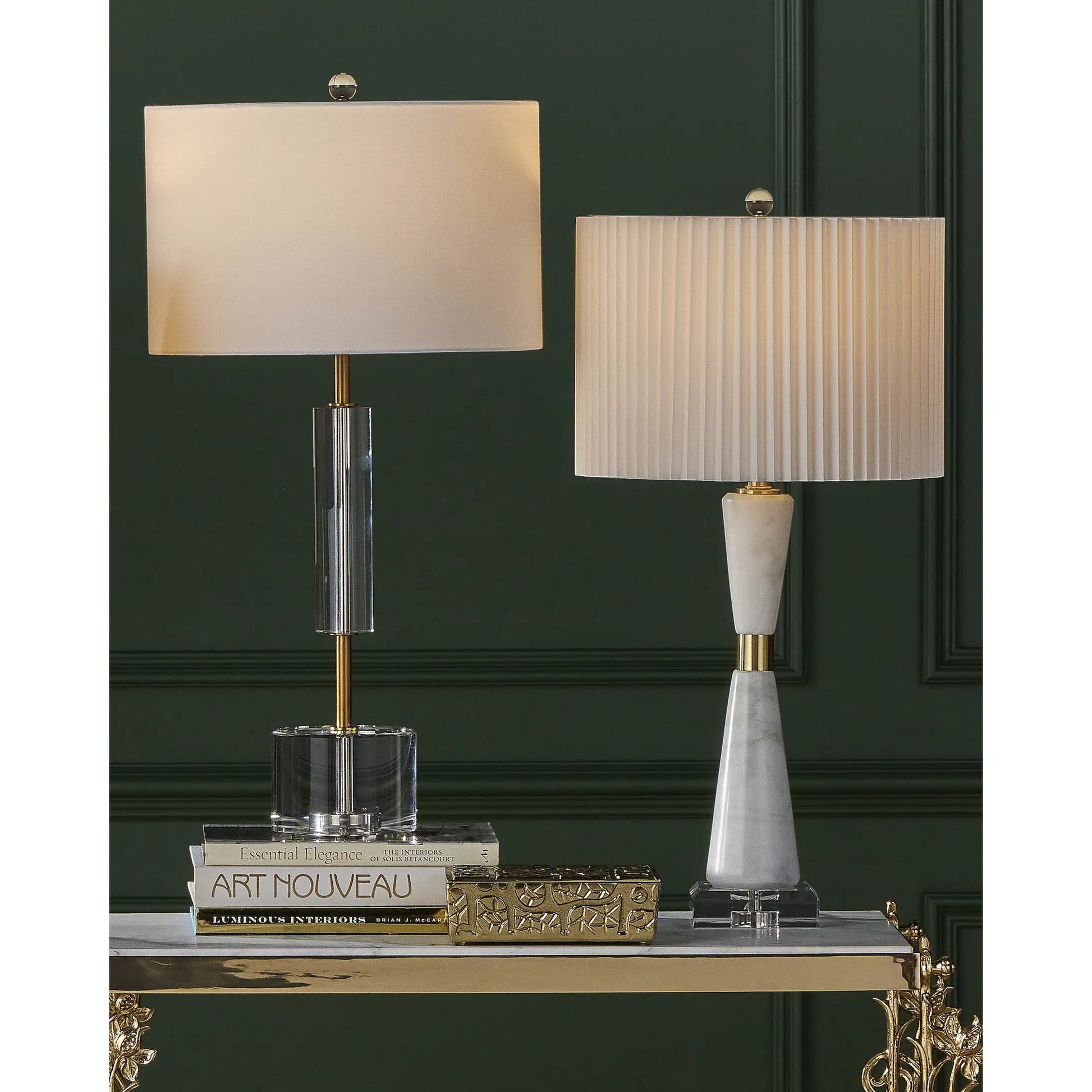 Fiore Console Table by Currey and Company in polished brass, natural. Made from brass, white marble in a modern style.
