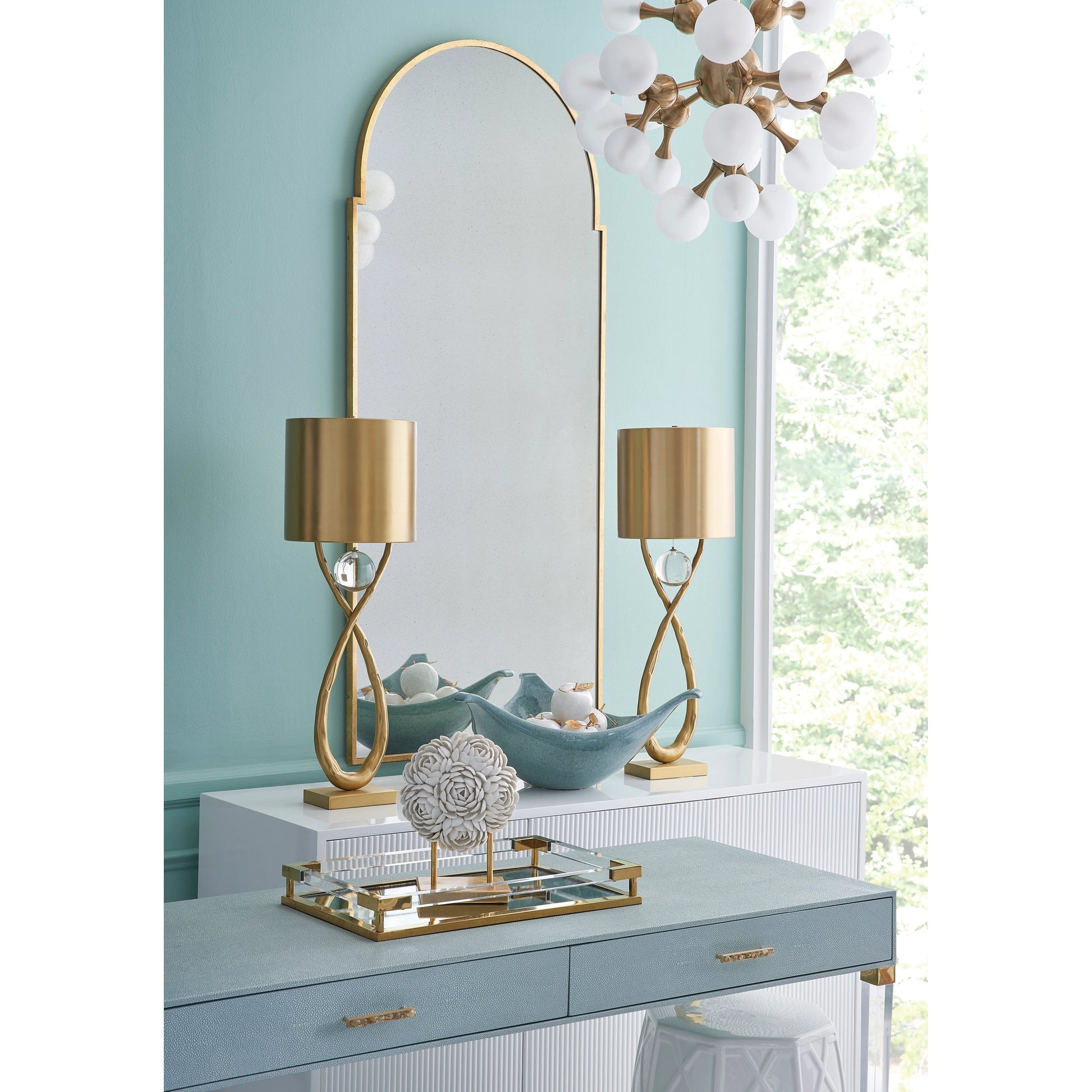 Manhattan Chandelier by Chelsea House in antique brass, milk. Made from iron, glass in a modern style.