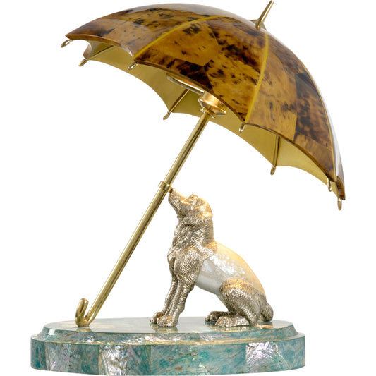 Dog and Umbrella Lamp by Chelsea House in abalone, silver, antique, natural. Made from wood, brass, shell in a traditional style.