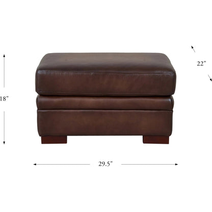 Brookfield Ottoman by Hydeline in caramel brown. Made from leather in a transitional style.