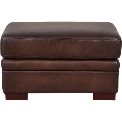Brookfield Ottoman by Hydeline in caramel brown. Made from leather in a transitional style.