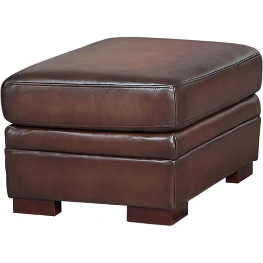 Brookfield Ottoman by Hydeline in caramel brown. Made from leather in a transitional style.