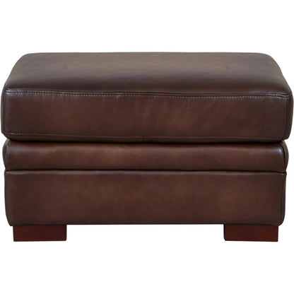 Brookfield Ottoman by Hydeline in caramel brown. Made from leather in a transitional style.