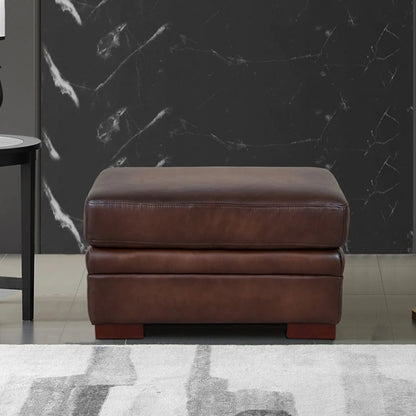 Brookfield Ottoman by Hydeline in caramel brown. Made from leather in a transitional style.