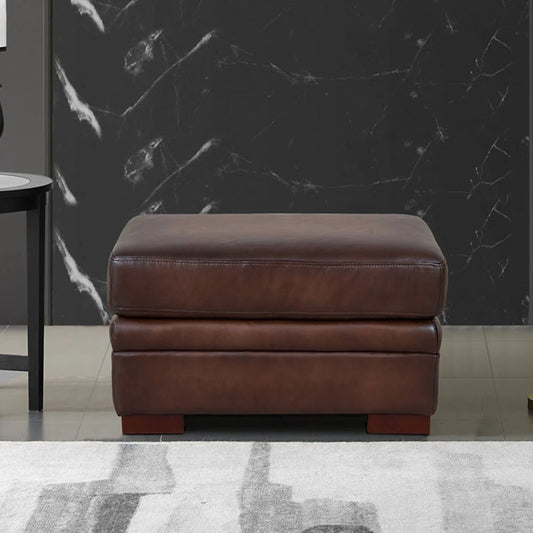 Brookfield Ottoman by Hydeline in caramel brown. Made from leather in a transitional style.