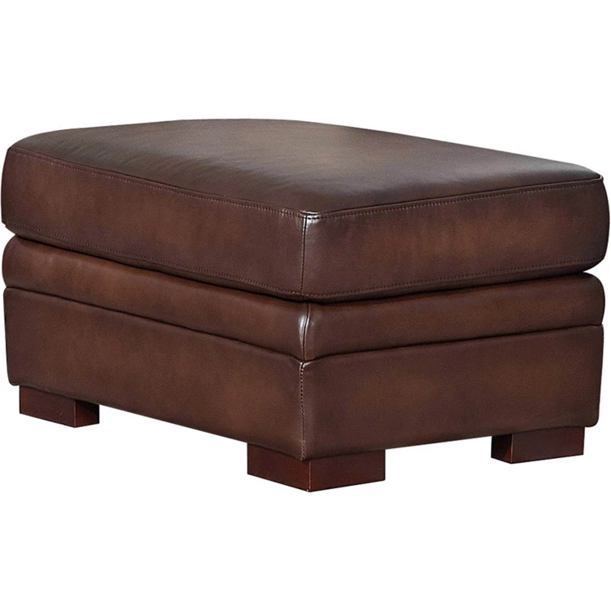 Brookfield Ottoman by Hydeline in caramel brown. Made from leather in a transitional style.