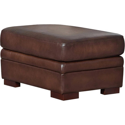 Brookfield Ottoman by Hydeline in caramel brown. Made from leather in a transitional style.