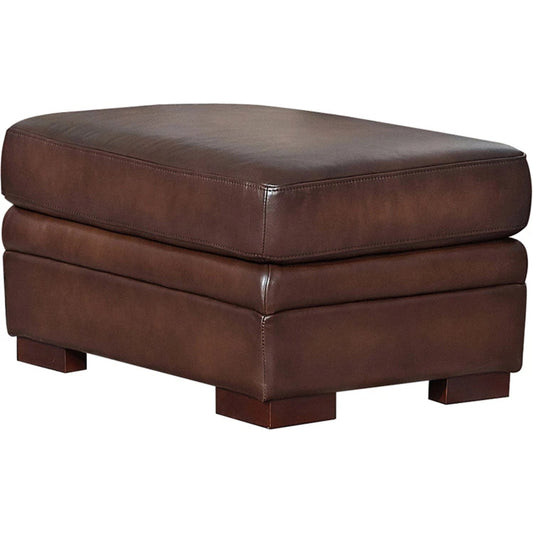 Brookfield Ottoman by Hydeline in caramel brown. Made from leather in a transitional style.