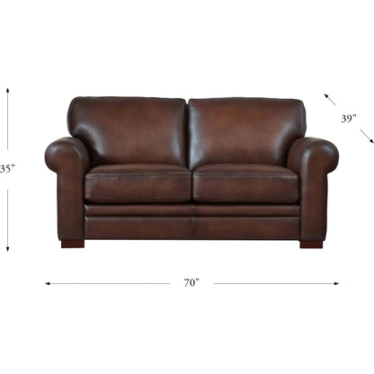 Brookfield Loveseat by Hydeline in caramel brown. Made from leather in a transitional style.