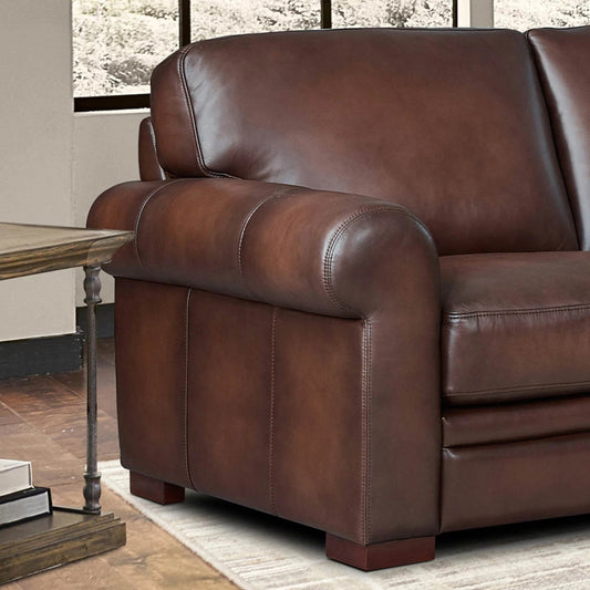 Brookfield Loveseat by Hydeline in caramel brown. Made from leather in a transitional style.