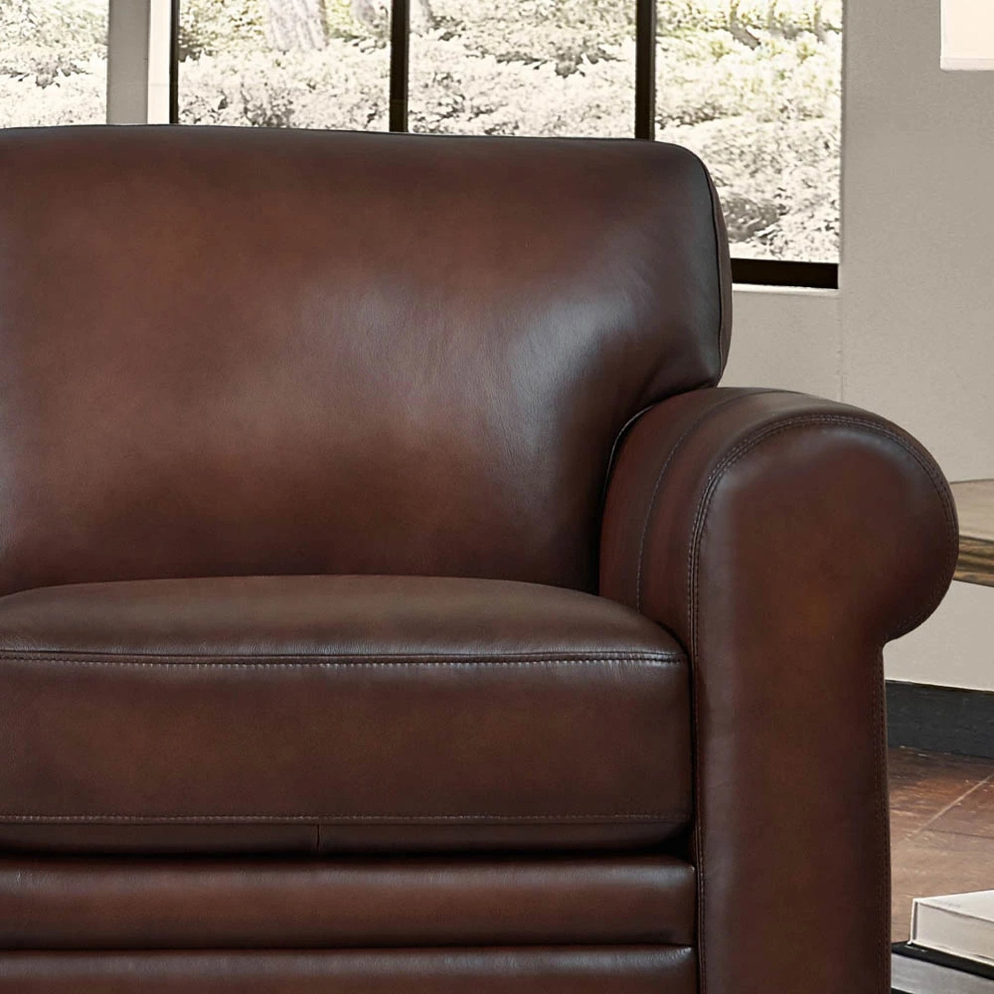 Brookfield Loveseat by Hydeline in caramel brown. Made from leather in a transitional style.
